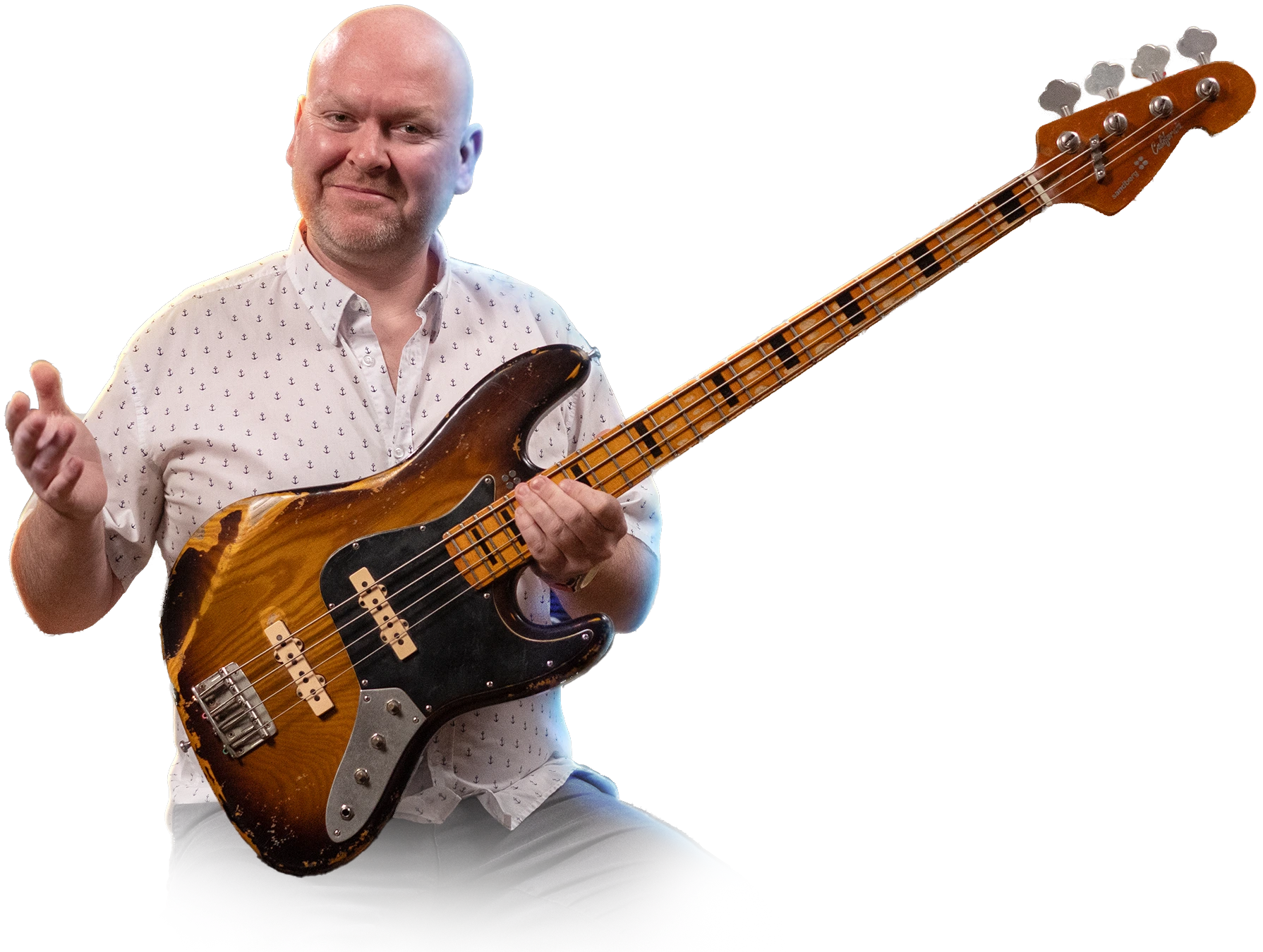 Gregor Fris holding a bass guitar